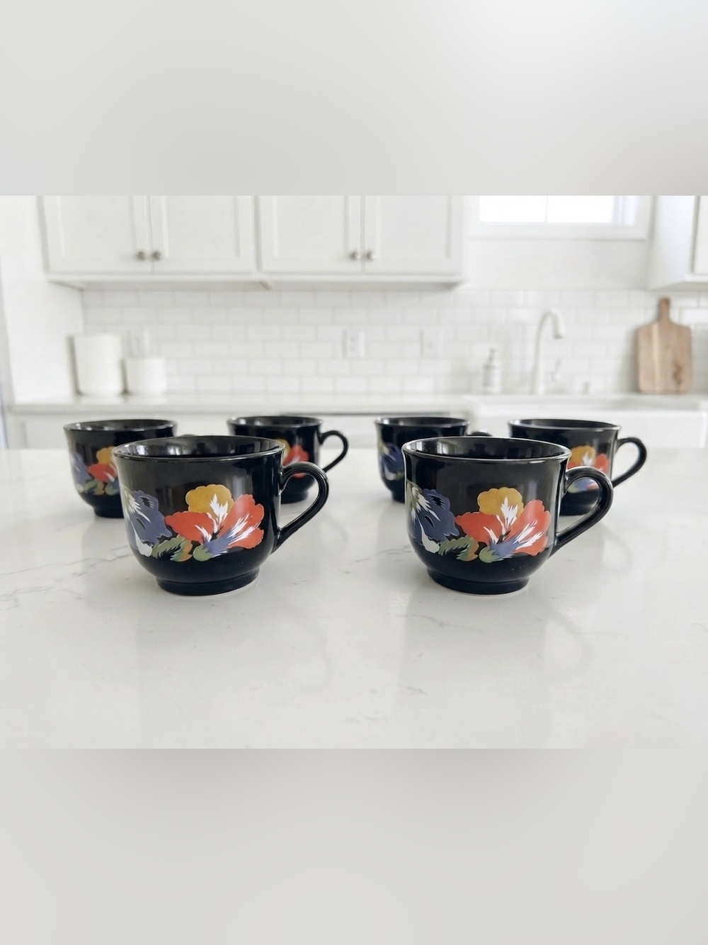 Vintage 80s Arcoroc France Directoire Black Floral Coffee Cups - Set of 6